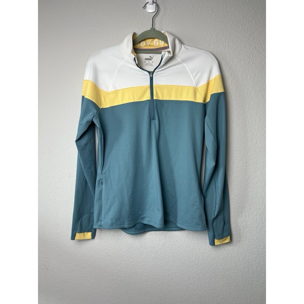 PUMA Women’s Medium Enjoy Golf Jacket Teal Yellow White Colorblock 1/4-Zip